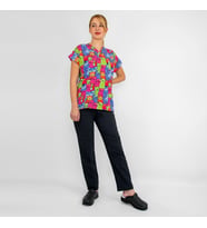 Unisex Renkli Kediler Desenli Likralı Hemşire Doktor Veteriner Scrubs Üniforma Takım (Karışık)