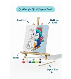 Kızaklı Penguen Temalı Çocuk Boyama Tuvali – Şövaleli Eğitici Boyama Seti 20x20 cm