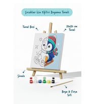 Kızaklı Penguen Temalı Çocuk Boyama Tuvali – Şövaleli Eğitici Boyama Seti 20x20 cm