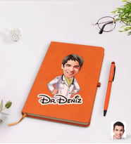 BK Gift Kişiye Özel Erkek Doktor Karikatürlü Turuncu Termo Deri Defter Kalem Seti Model 1