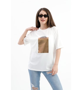 Bisiklet Yaka Baskılı T-shirt - Ekru