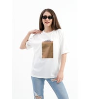 Bisiklet Yaka Baskılı T-shirt - Ekru