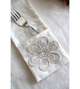 6 Adet Çiçek Dantelli Krem Keten Kaşıklık Servis Sunum - Table Decor