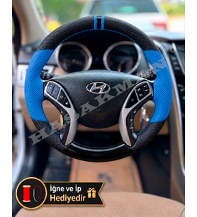 Hyundai i30 Dikme Direksiyon Kılıfı Delikli Deri Parlak Siyah Mavi Detay Çift Yüzük ve Dikiş 2012-2017
