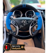 Hyundai i30 Dikme Direksiyon Kılıfı Delikli Deri Parlak Siyah Mavi Detay Çift Yüzük ve Dikiş 2012-2017