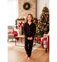 Kız Çocuk Kalp Baskılı Kadife/Süet Pijama Takımı -12490 MODANINO (Siyah)