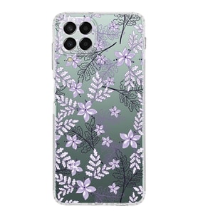 Samsung Galaxy M33  Kamera korumalı Kapak Floral Lila Tasarımlı  Şeffaf Kılıf