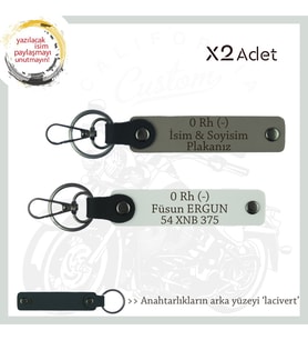 Motorcuya İsim Plaka ve 0 Rh (-) Kan Grubu Yazılı Anlamlı Hediye x2 Anahtarlık, Kül Gri-Beyaz-Laci (Çok Renkli)