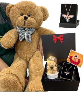 Renkli Zümdürü Anka Kuşu Kolyeli Fotoğraflı Premium Set - Büyük Boy Kahve Peluş Ayıcıklı (Model 5)