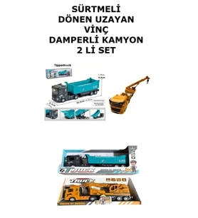 Sürtmeli Dönen Uzayan Vinç Damperli Kamyon 2 Li Set 25 Cm