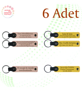 Pudra & Sarı, 6’lı Set, Aile Gecelerine Özel Anı, İsim Yazılabilen Deri Anahtarlık