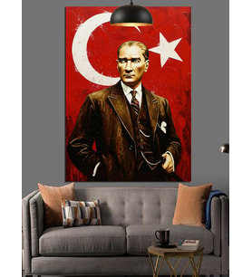 Türk Bayrağı Önünde Atatürk Portresi Dekoratif Kanvas - Mdf Ahşap Tablo