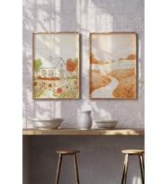 Kır Evi Manzarası 2’li Ahşap Çerçeveli Tablo Seti - Minimal ve Doğa Dekoru