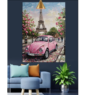 Pembe vosvos araba Paris eyfel kulesi  Dekoratif Kanvas - Mdf Ahşap Tablo