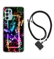 Oppo Reno 6 Kılıf Silikon Boyun Askılı İpli Desenli Silikon Butterfly Neon 1684