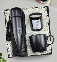 Kişiye Özel 500 Ml Deri Çantalı Termos & Siyah Kupa & Cam Bardak Mum Hediye Seti