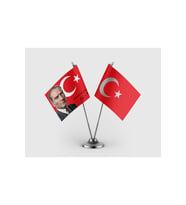 Gazi Mustafa K. Atatürk ve Türk Bayrağı İkili Saten Masa Bayrağı Takımı