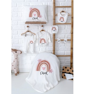 Pia Baby Premium İsmine Özel %100 Pamuk Yenidoğan Kız Bebek Hastane Çıkışı Hediye Seti 5036-02 (Ekru)