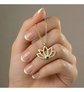 925 Ayar Gümüş Kişiye Özel 14 Ayar Altın Kaplama Gold Rengi Doğum Taşlı Lotus Kolye