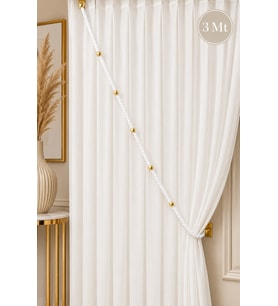 Beyaz Kruvaze Perde Tavan Korniş Bağlama Halatı - Gold Detaylı - Perde Süsü - 3 Metre - 1 Adet