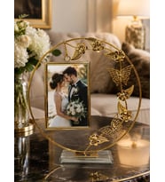 Lüx Gold Kelebek ve Çiçek Figürlü Pleksi Tabanlı Metal Fotoğraf Çerçevesi 27 cm Hediyelik Dekoratif