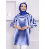 Saks Mavisi Çizgili Uzun Kol Tunik