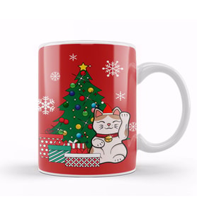 Lucky Cat Around The Christmas Tree Kupa Bardak Porselen