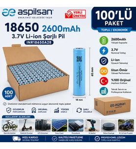 Aspilsan 18650 2600mAh 3.7V Li-ion Şarjlı Pil 100'lü Paket INR18650A28 Orijinal Lityum İyon Hücre Teknik Servis ve Toplu Kullanım İçin