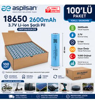 Aspilsan 18650 2600mAh 3.7V Li-ion Şarjlı Pil 100'lü Paket INR18650A28 Orijinal Lityum İyon Hücre Teknik Servis ve Toplu Kullanım İçin