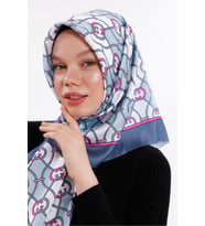 Pembe-Mavi Zincir Desenli Desenli Şifon Saten Eşarp - 100x100 cm
