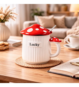 500ml Lucky Mantar Tasarımlı Kapaklı Seramik Kupa – Kaşıklı Mavi Dekoratif Kahve Kupası (Ebru Kırmızı)