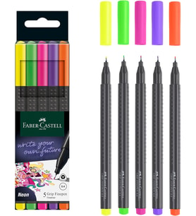 Lexroo Grip Finepen İnce Keçe Uçlu Kalem Seti, 5’li, Neon Renkler, 0.4 mm, Metal Destekli