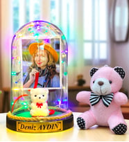 Kişiye Özel Renkli Led Işıklı Biblolu Fanus ve Pembe Peluş Ayıcıklı Anahtarlık (Model 1)