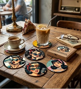 Retro Pop Art Desenli Ahşap Bardak Altlığı 6'lı Set, 10 cm, 3 mm MDF, UV Baskılı Dekoratif Bardak Altlığı