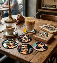 Retro Pop Art Desenli Ahşap Bardak Altlığı 6'lı Set, 10 cm, 3 mm MDF, UV Baskılı Dekoratif Bardak Altlığı