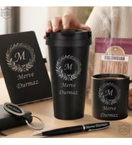 İsme Özel Premium Tasarım Erkek Kadın Hediye Seti - Çelik Termos,  Kupa Bardak, Defter, Kalem, Anahtarlık , Kahve