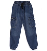 Beli Bağcıklı Kargo Cep Bol Kesim Kız Çocuk Kot Pantolon 10-14 Yaş Lacivert