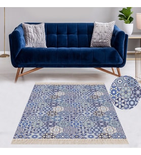 Kilim Desenli Etnik Dijital Baskı Yıkanabilir Kaymaz Taban Modern Salon Halı ve Yolluk (Mavi)