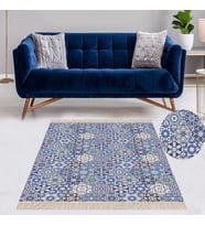 Kilim Desenli Etnik Dijital Baskı Yıkanabilir Kaymaz Taban Modern Salon Halı ve Yolluk (Mavi)