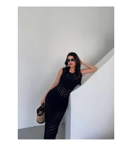 Elbise Desenli Uzun Yırtmaçlı Elbise (Siyah)