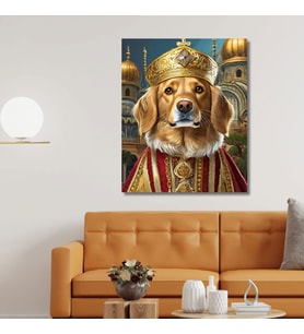 Tekli Dikey Kanvas Duvar Tablosu Kral Kostümlü Golden Köpek