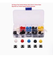 50 Parça Tact Switch Buton Seti 12x12 7,3mm Kare Dip Kılıf ve 5 Renk Kapak Plastik Çantada
