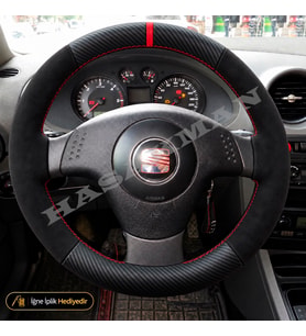 Seat Ibiza Mk3-6L Dikme Direksiyon Kılıfı Alcantara Süet Mat Karbon Kırmızı Yüzük ve Dikiş Stella-Reference-Tuşsuz 2002-2008