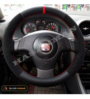 Seat Ibiza Mk3-6L Dikme Direksiyon Kılıfı Alcantara Süet Mat Karbon Kırmızı Yüzük ve Dikiş Stella-Reference-Tuşsuz 2002-2008