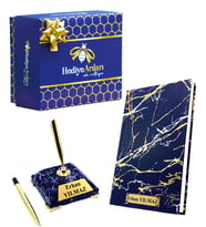 Hediye Kutulu Kişiye Özel Siyah Mermer Tasarımlı İmza Kalemi ve Defter (Model 1)