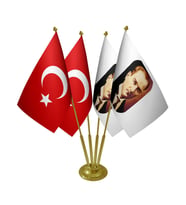 Masa Üstü Atatürk Bayrağı Türk Bayrağı Dörtlü Pirinç Direk Masa Bayrak Seti