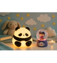 2 li Sevgiliye Romantik Hediye Seti Slikon Panda Renkli LED Gece Lambası ve 9 Cm Mor Kar Küresi Set
