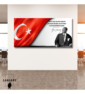 Panoramik Kanvas Makam Panosu Atatürk ve Bayrak  Benim naçiz vücudum elbet bir gün toprak olacaktır.