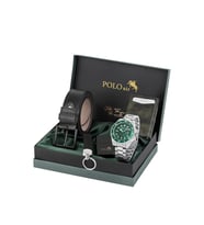 Polo Air Mercek Takvimli Erkek Kol Saati Cüzdan Kemer Çakmak Anahtarlık Seti Gümüş Yeşil Renk PL-7078E4 (Yeşil-Grı)