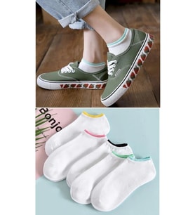 5 Çift Renkli Kenarlı Beyaz Sneaker Çorap - Görünmez No-Show Soket Çorap, Renkli Topuklu Kısa Çorap